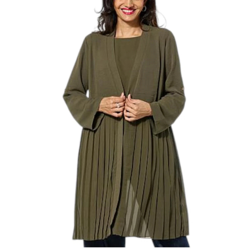 Nina Leonard Women's Wave Pleated Chiffon Cardigan Light Olive - Regular